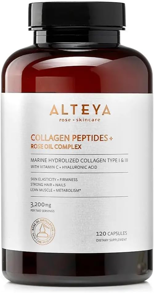 Alteya Organics Collagen Peptides &amp Rose Oil Complex – Beauty Supplement with 3200mg Marine Hydrolyzed Collagen Type I &amp III Vitamin C &amp Hyaluronic Acid – Skin Hair Nail &amp Joint Sup