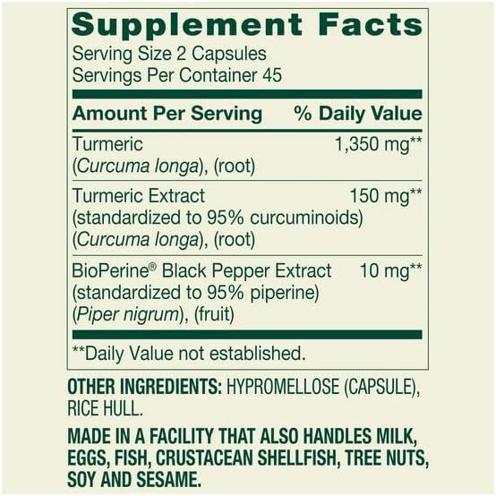 Turmeric Curcumin General Wellness Dietary Supplement Vegetarian Capsules 1500 mg 90 Count