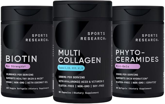 Sports Research Women's Supplement Pack - Vegan Biotin 10000mcg with Coconut Oil Multi Collagen Peptides (Type I II III V X) Enhanced with Hyaluronic Acid &amp Vitamin C &amp Phytoceramides 35