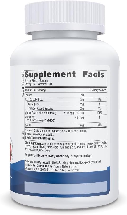 Nordic Naturals Vitamin D3 + K2 Gummies Pomegranate - 60 Gummies - 1000 IU Vitamin D3 + 45 mcg K2 - Great Taste - Bone Health Promotes Healthy Muscle Function - Non-GMO - 60 Servings