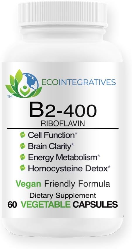 B2-400 Pure Riboflavin - Nervous System Health Homocysteine Detox Cardiovascular Helps Boost Energy Mental Clarity Metabolism and Cell Function (60 Unflavored)