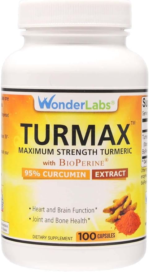 Wonder Labs Maximum Strength Turmeric wit BioPerine - 95% Curcumin Extract Supports Heart Brain Bone and Joint Functions - 100 Capsules