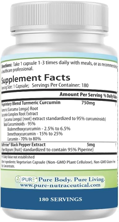 PURE® Turmeric Curcumin 750mg with BioPerine® - 180 Capsules 6 Month Supply - High Absorption Joint Support &amp Anti-Inflammatory Supplement - 95% Curcuminoids Antioxidant Complex - Made in USA