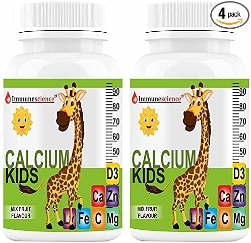 Verem Calcium for Kids with Vitamin D3 (VIT d) Magnesium Zinc Supplement Vitamin C L-lysine Multivitamin for Kids Strong Bones Immunity Growth &amp Development- 120 Tablets (Pack of 4)