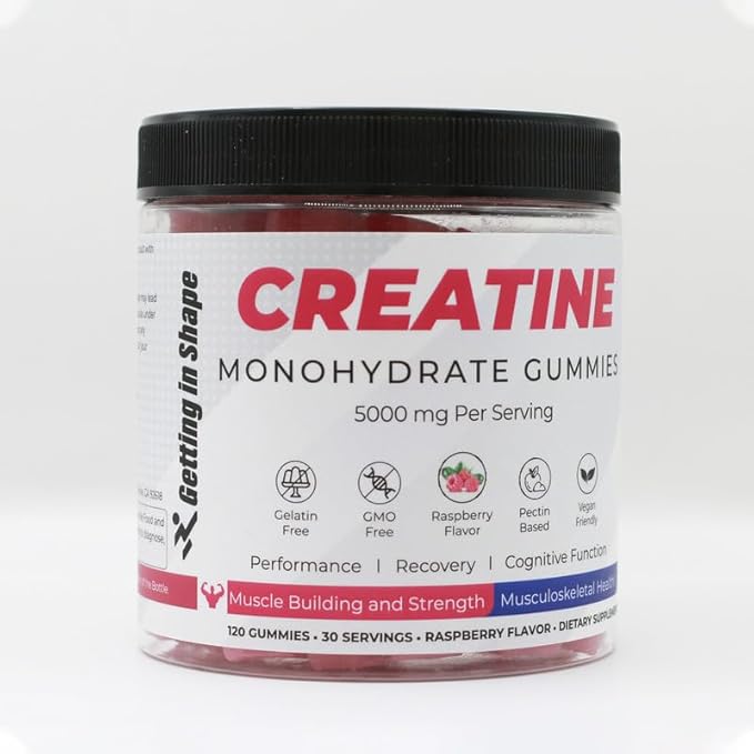 Getting in Shape Creatine Monohydrate Gummies - 5000mg Creatine Raspberry Flavor 120 Count - Vegan Sugar-Free Boosts Performance &amp Recovery