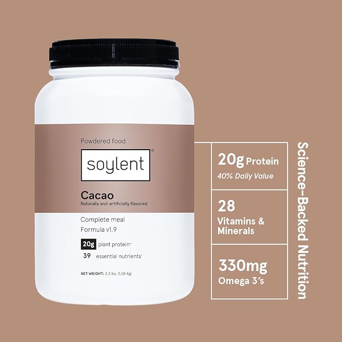 Soylent Complete Nutrition Meal Replacement Protein Powder Cacao - Plant Based Vegan Protein 39 Essential Nutrients - 36.8oz