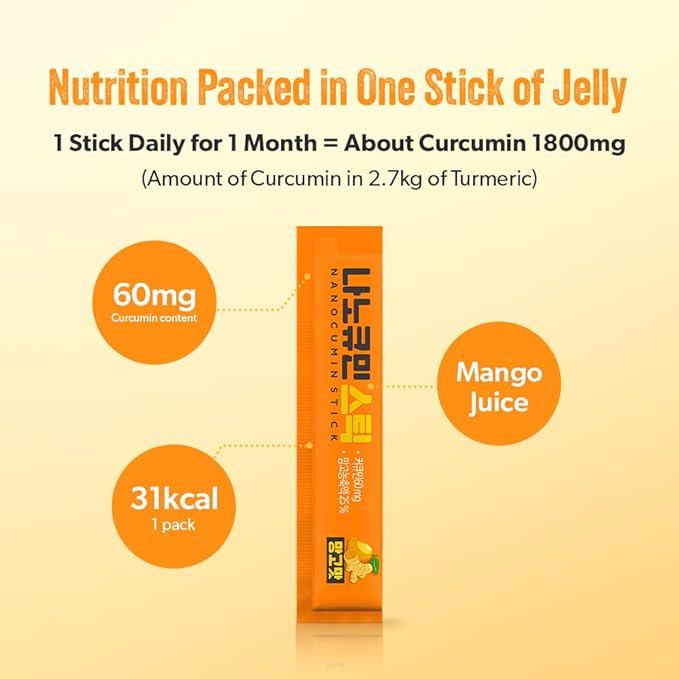 NANOCUMIN Curcumin Jelly Stick with Turmeric Extract Mango Flavor | 60mg Curcuminoids per Stick | 30 Count | Tasty Korean Daily Supplement for Energy &amp Wellness