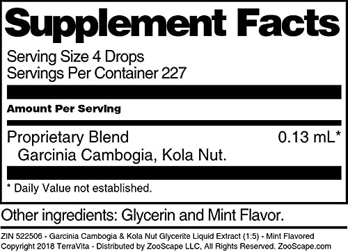 Garcinia Cambogia &amp Kola Nut Glycerite Liquid Extract (1:5) - Mint Flavored (1 oz ZIN: 522506)