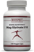 Biospec Nutritionals Mag Glycinate 510 – Magnesium Glycinate – Nutritional Supplement for Stress Heart Health Nerves Muscles Energy and Metabolism* - (100 Capsules)