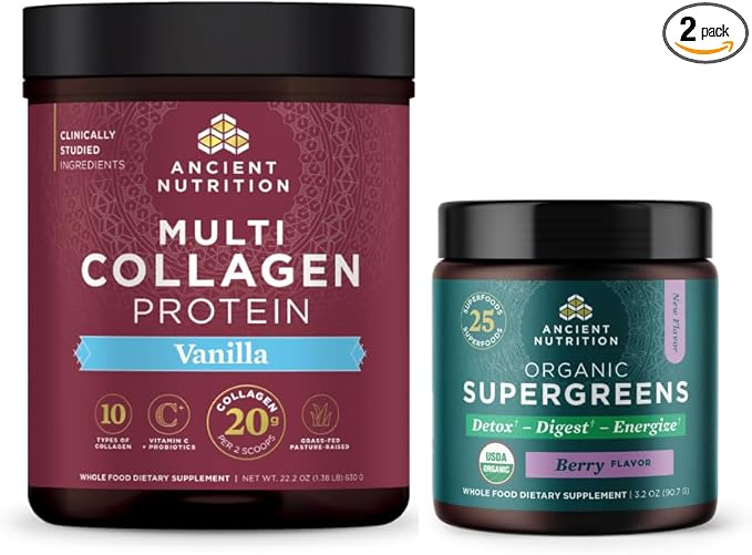 Ancient Nutrition Multi Collagen Protein Powder Vanilla 60 Servings + Organic Supergreens Powder Berry 12 Servings