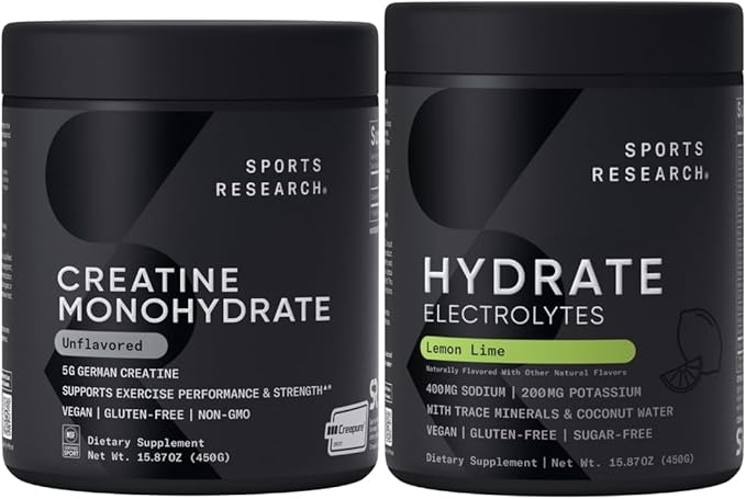 Sports Research® Gym Pro Pack - Creatine Monohydrate Powder w/Creapure Gain Lean Muscle Improve Performance Support Workout Recovery + Hydrate Electrolytes Powder with Vitamins Minerals and Coconut