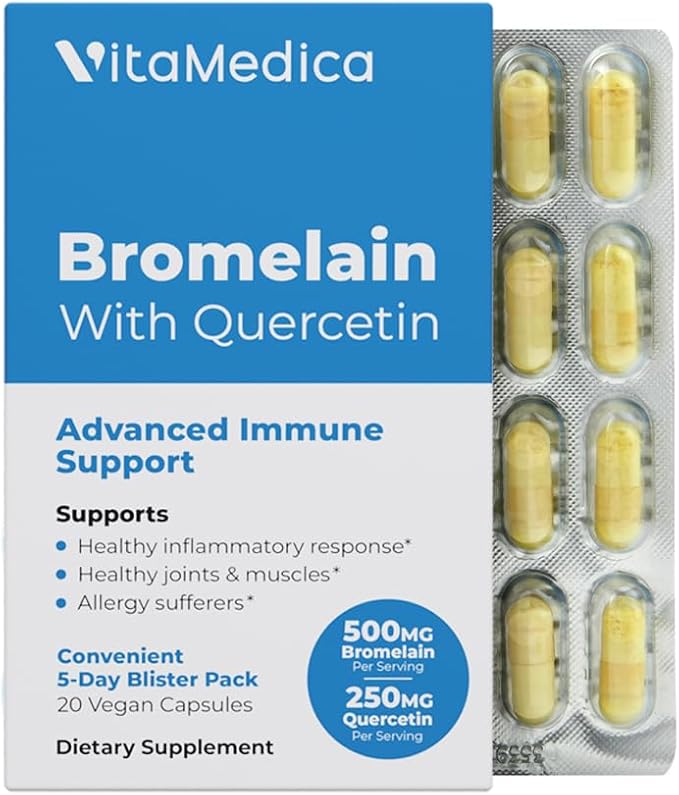 VitaMedica Bromelain &amp Quercetin Supplement - 500mg Bromelain 250mg Quercetin - 2400 GDU for Immunity Joint Support Inflammation and Muscle Recovery - 20 Vegan Capsules - 5 Day Supply