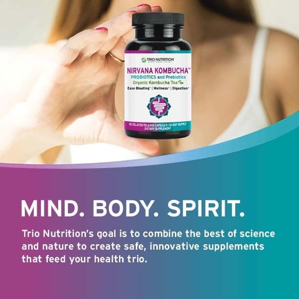 TRIO NUTRITION Nirvana Kombucha - Multi-Strain Probiotics &amp Prebiotic Blend with Organic Tea - Delayed-Release Capsules for Digestive &amp Immune Health - Bloating Relief - Natural pH Balance