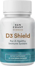 Sun Coast Science Sciences D3 Shield - Vitamin 5000 IU for Immune Support and Bone Health 60 Vegetarian Capsules K2 with 210mg Calcium Carbonate BioPerine Maximum Absorption