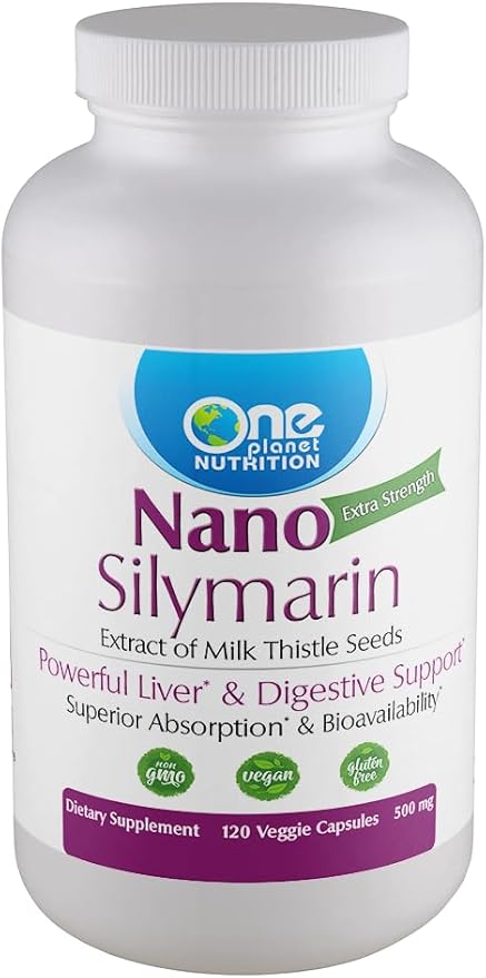 One Planet Nutrition Nano Silymarin 500 mg Capsules (120 Count) - Nano Particle Size Milk Thistle Extract for Superior Absorption - Supports Detoxification - Non GMO Vegan Gluten Free