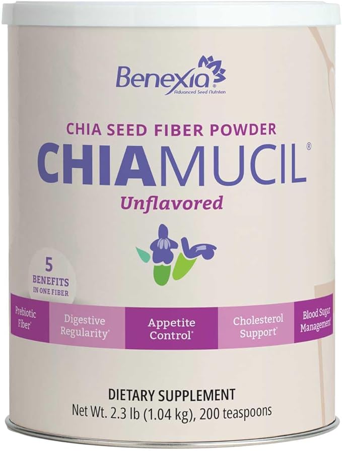 Chiamucil Prebiotic Chia Fiber Supplement Powder – For Appetite Control &amp Digestive Health – Chia Fiber &amp Chicory Root (Inulin) – Gluten &amp Sugar Free Vegan Non-GMO Unflavored - 100 serv