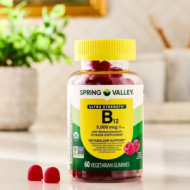 Spring Valley B12 5000 mcg-Vitamin Gummies Ultra Strength Methylcobalamin 60ct (Pack of 1) Set by Basket Goods