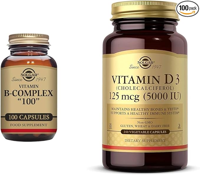SOLGAR B-Complex 100 100 Vegetable Capsules - Heart Health - Nervous System &amp Vitamin D3 (Cholecalciferol) 125 mcg (5000 IU) 240 Vegetable Capsules - Helps Maintain