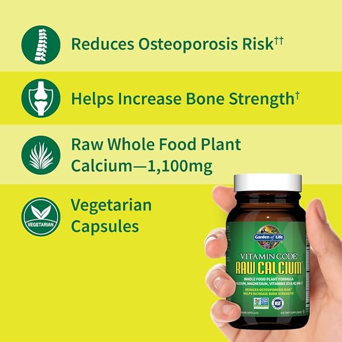 Garden of Life Raw Calcium Supplement for Women and Men - Vitamin Code Made from Whole Foods with Magnesium K2 Vitamin D3 and Vitamin C Plus Probiotics for Digestion 60 Capsules
