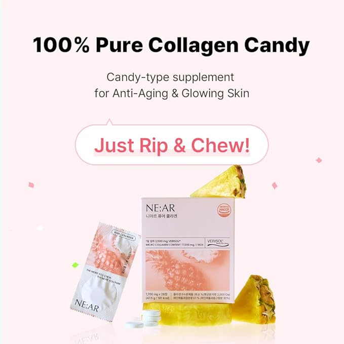 NE:AR Glow Collagen Chews – 2 500mg Peptides with Hyaluronic Acid &amp Vitamin C Tasty Easy Daily Support for Skin Hair Nails Pineapple Flavor