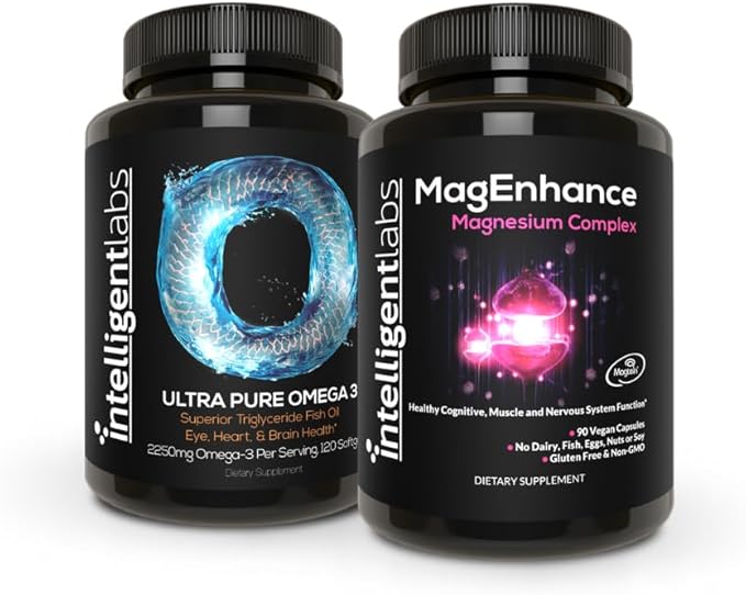 Intelligent Labs 2-in-1 Bundle of MagEnhance Magnesium Complex (Magtein L-Threonate Glycinate and Taurate) and Omega-3 Triglyceride Fish Oil Softgels Supplement (2250mg per Serving)