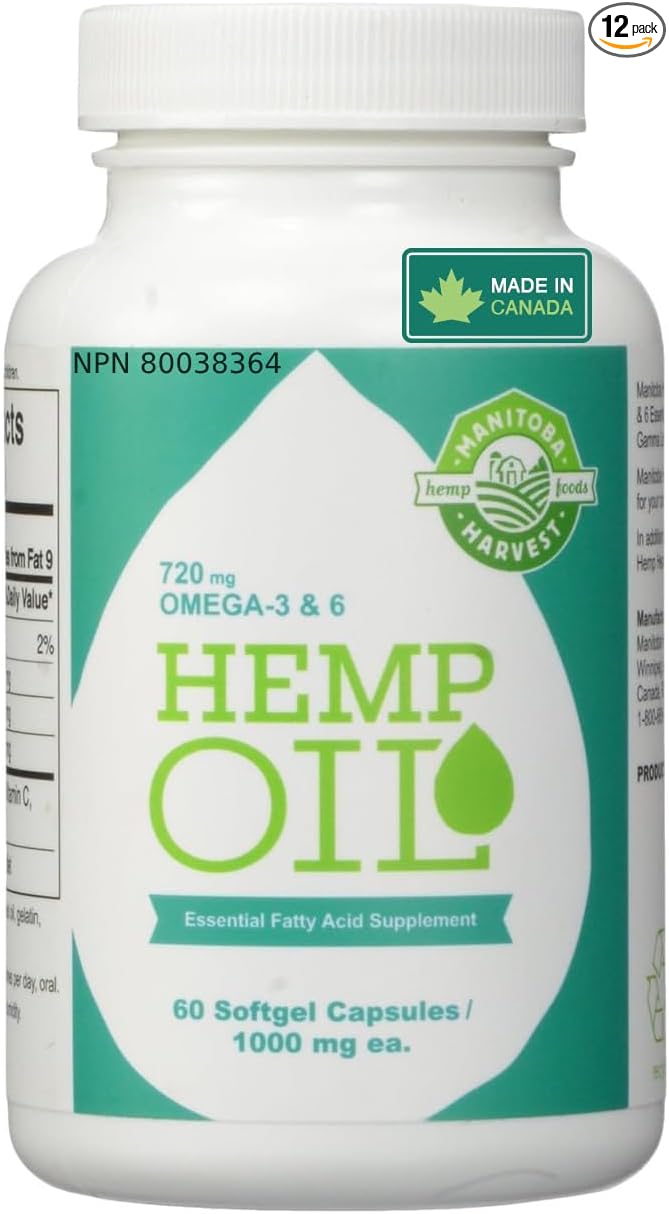 Manitoba Harvest Hemp Seed Oil Softgels 2475mg of Plant Based Omegas 36 &amp 9 per serving including GLA Fish Oil Alternative 60ct (pack of 12)