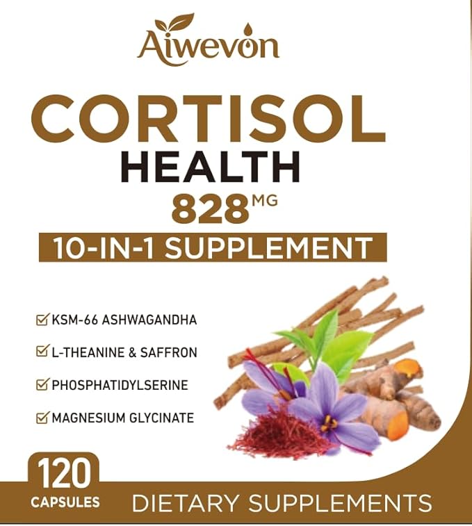 Cortisol Support Supplement 828mg 10-in-1 Formula with Ashwagandha L-Theanine Phosphatidylserine &amp Magnesium Daily Wellness &amp Relaxation Support 120 Capsules