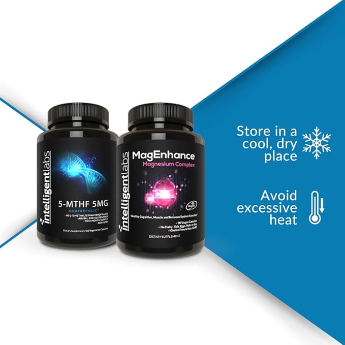 Intelligent Labs 2-in-1 Bundle of MagEnhance Supplement (with Magnesium L-Threonate Glycinate &amp Taurate) and 5MG 5-MTHF Methylfolate as Quatrefolic Acid® (MTHFR Supplement for Methylation Support