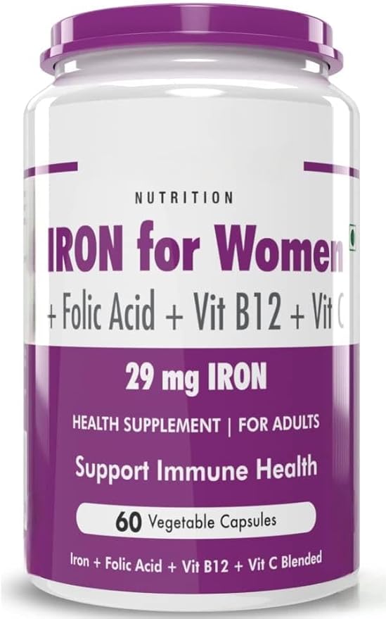 Iron Supplement for Women -100% Chelated - with Vitamin B12 Folic Acid &amp Vitamin C for High Absorption (60 Veg Capsules)