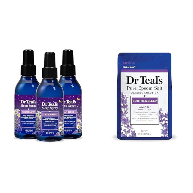 Dr Teal's Sleep Spray with Melatonin &amp Essential Oil Blend (Pack of 3) &amp Epsom Salt Soaking Solution Soothe &amp Sleep Lavender 3lbs