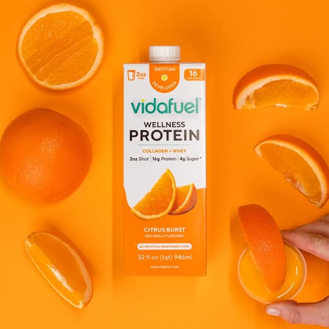 Vidafuel Protein Drink 16g protein per 2oz shot 32 fl oz carton 2 Pack berry and citrus collagen and whey drink no artificial sweeteners