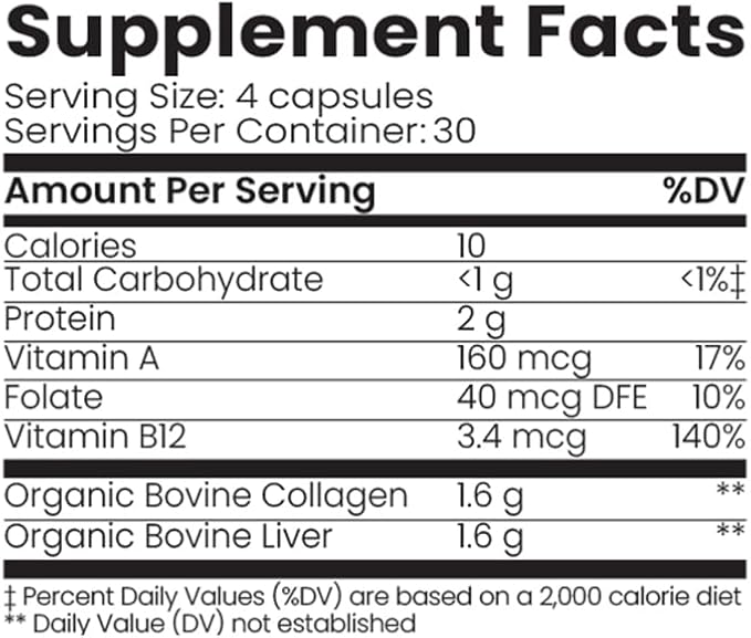 Organic Collagen Australia Pure Collagen &amp Liver Capsules – Muscle Strength &amp Vitality with Hydrolyzed Collagen Grass-Fed Liver and Vitamin B12 – 120 Capsules