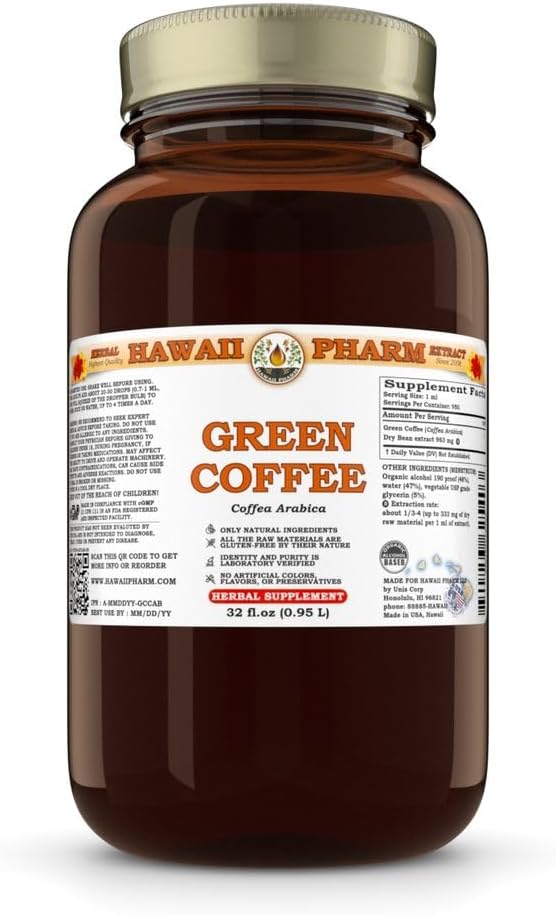 Green Coffee (Coffea Arabica) Dry Bean Tincture Made in Hawaii All Natural Vegan Pure Liquid Extract - 32 fl.oz
