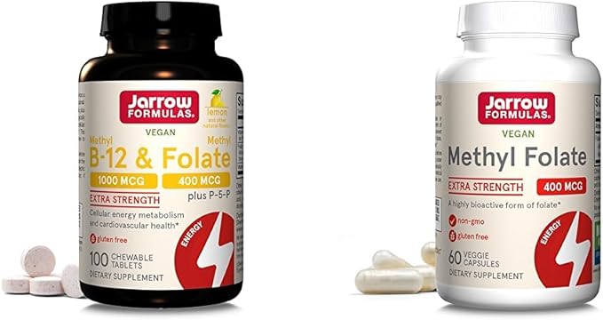 Jarrow Formulas Methyl B-12 1000 mcg &amp Methyl Folate 400 mcg Chewable Tablets and Methyl Folate 400 mcg Veggie Capsules Bundle for Cellular Energy Cardiovascular and Neurologic Support