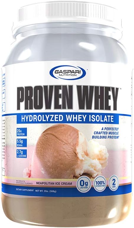 Gaspari Nutrition Proven Whey 100% Hydrolyzed Whey Isolate High Protein Lactose Free Low Carbohydrate and Low Sugar (2lb Neapolitan Ice Cream)