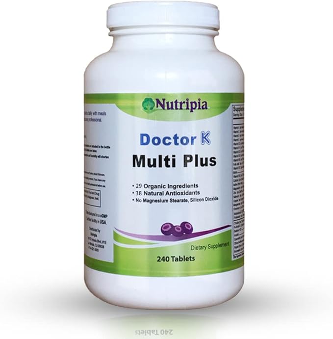 Nutipia Dr. K Multi Plus Multivitamin - 240 Tablets Antioxidant Supplement | Highest Potency Nutrient Formula for Energy Boost and Fatigue Reduction | 29 Organic Ingredients