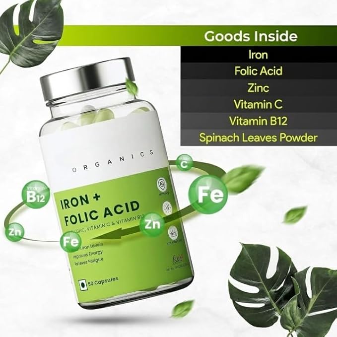 Iron + Folic Acid Supplement with Zinc Vitamin C &amp Vitamin B12 | 60 Veg Capsules | SupportsImmunity and Energy | Enhances Iron Absorption| for Both Men &amp Women