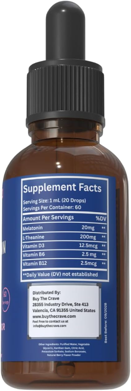Melatonin Drops 20mg with L-Theanine Vitamin B6 B12 &amp D3 – Berry Flavor Sleep Support Fast-Acting Liquid Melatonin 2 fl oz (60mL) Natural Nighttime Relaxation Formula