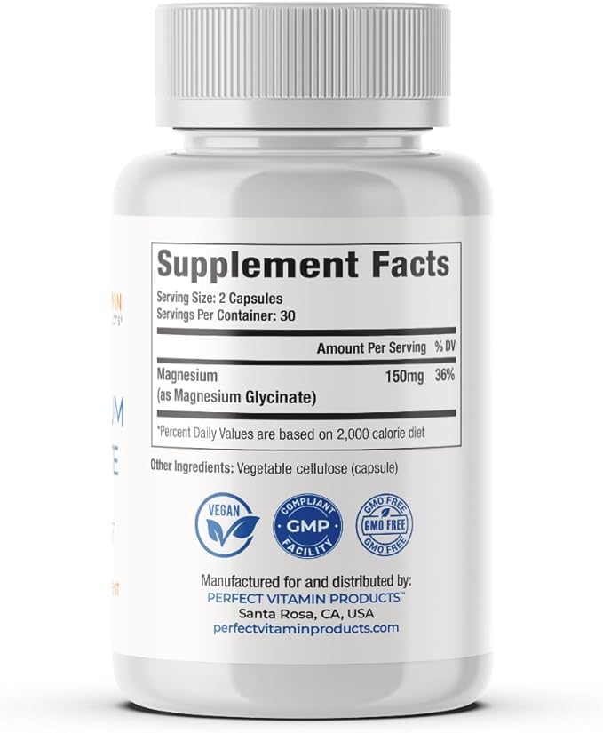 Magnesium Glycinate 150mg – Vegan Capsules for Sleep Stress &amp Muscle Support – Non-GMO High Absorption Gentle on Stomach – 60 Vegan Capsules (2-Pack)