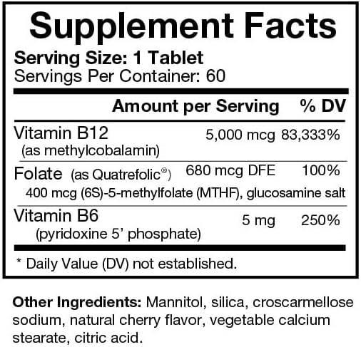 Methyl B12 5000 mcg Plus Folate Supplement - Methylcobalamin L-Methylfolate - Methylated &amp Bioavailable – Supports Healthy Nervous System Energy Metabolism &amp Brain Health - 60 Tablets
