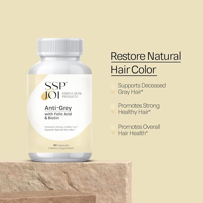 Hair Growth Supplement 250 mg - Anti-Grey Supplement for Men and Women with Folic Acid B-Vitamins &amp Biotin - Supports Grey Hair Change and Promotes Strong Healthy Hair