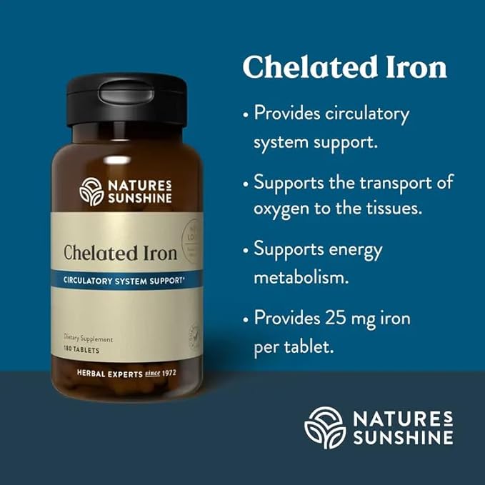 Nature's Sunshine Iron-Chelated 25mg 180 Tablets | Provides Circulatory System Support Helps the Transport of Oxygen to the Tissues and Provides 25 mg Iron per Tablet