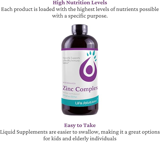 Life Solutions Zinc Complex - Zinc Gluconate and Copper Gluconate for Optimal Immune Support &amp Health - High Absorption Formula - Liquid 8oz-