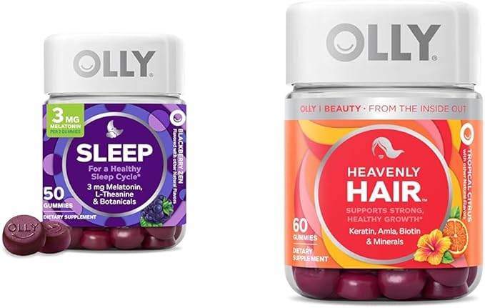 OLLY Sleep Gummy with Melatonin L-Theanine Botanicals BlackBerry Flavor 50 Count &amp Heavenly Hair Gummy with Keratin Biotin AMLA Tropical Orange Flavor 60 Count Bundle