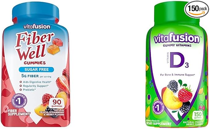 Vitafusion Fiber Well Sugar Free Fiber Supplement &amp Vitamin D3 Gummy Vitamins for Bone and Immune System Support Peach BlackBerry and Strawberry Flavored 50 mcg Vitamin D 75 Day Supply 150 Co