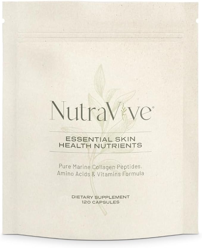 NutraVive Essential Skin Health Nutrients – Hydrolyzed Morikol® Marine Collagen Peptides Amino Acids &amp Vitamins - Promote Firm Reduce Wrinkles &amp Enhance Skin Elasticity - 120 Capsules