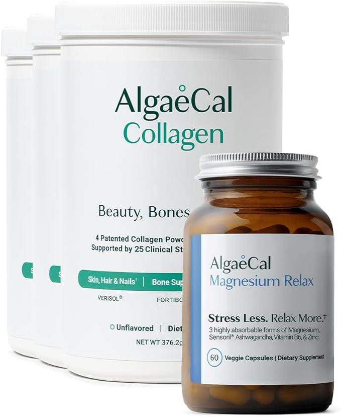 ALGAECAL Collagen - 4 Clinically-Supported Peptides VERISOL® FORTIGEL® UC-II® FORTIBONE® Collagen Powder 3 Packs Magnesium Relax™ - Chelated Magnesium with Ashwagandha (60 Caps)