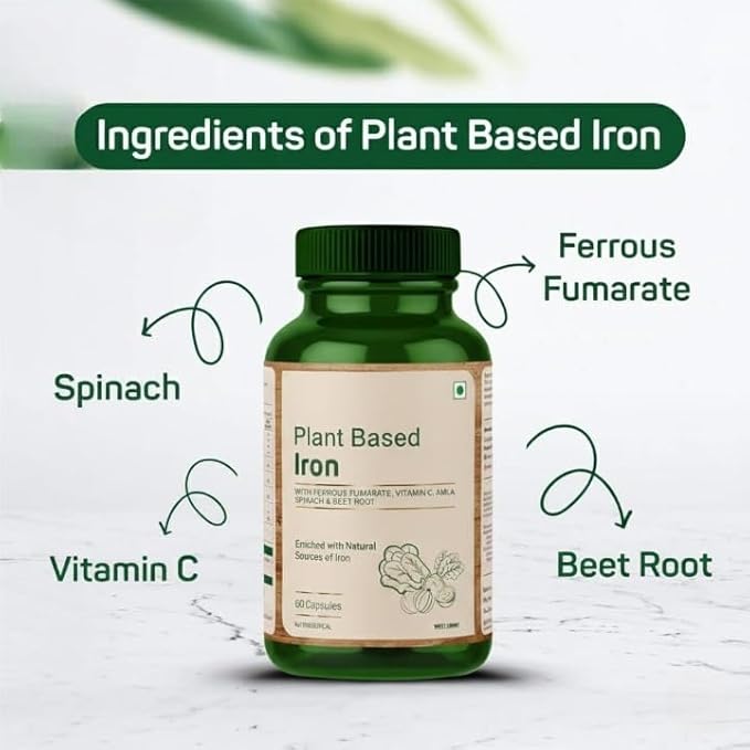 Plant Based Iron with Ferrous Fumarate Vitamin C Spinach &amp Beet Root Enriched with Natural Sources of Iron – 60 Capsules