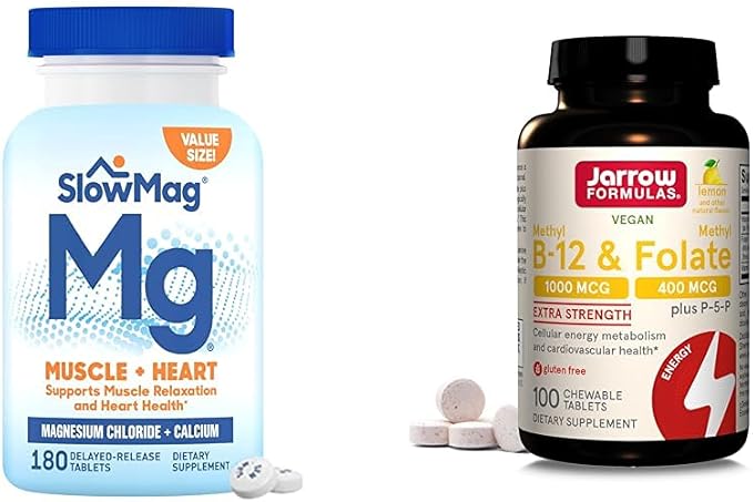 SlowMag Muscle + Heart Magnesium Chloride with Calcium Supplement to Support Muscle Relaxation &amp Jarrow Formulas Extra Strength Methyl B-12 1000 mcg &amp Methyl Folate 400 mcg + P-5-P