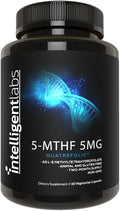 Intelligent Labs 5-MTHF L-5 Methylfolate Supplement Activated Folic Acid Supplement as Quatrefolic - Methyl Folate for MTHFR 120 Capsules - 60 Days Supply 5mg = 5000mcg Methylfolate
